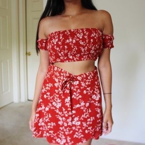 Red floral two piece off shoulder outfit